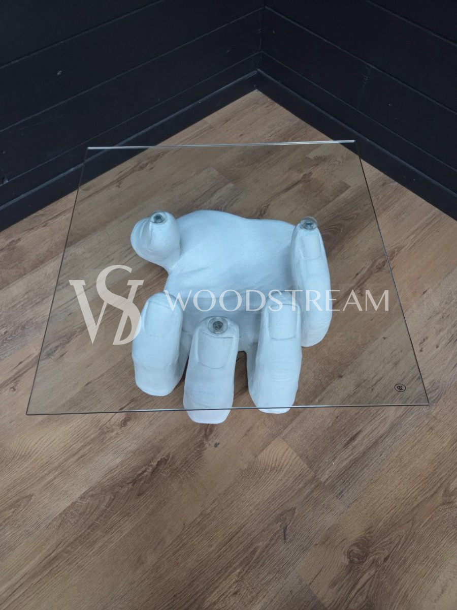 Стол со стеклянной столешницей и подстольем в форме руки/ладони