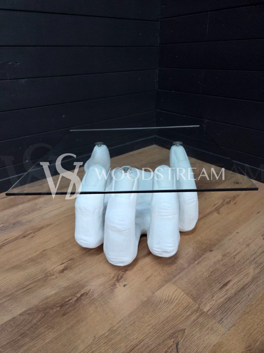 Стол со стеклянной столешницей и подстольем в форме руки/ладони