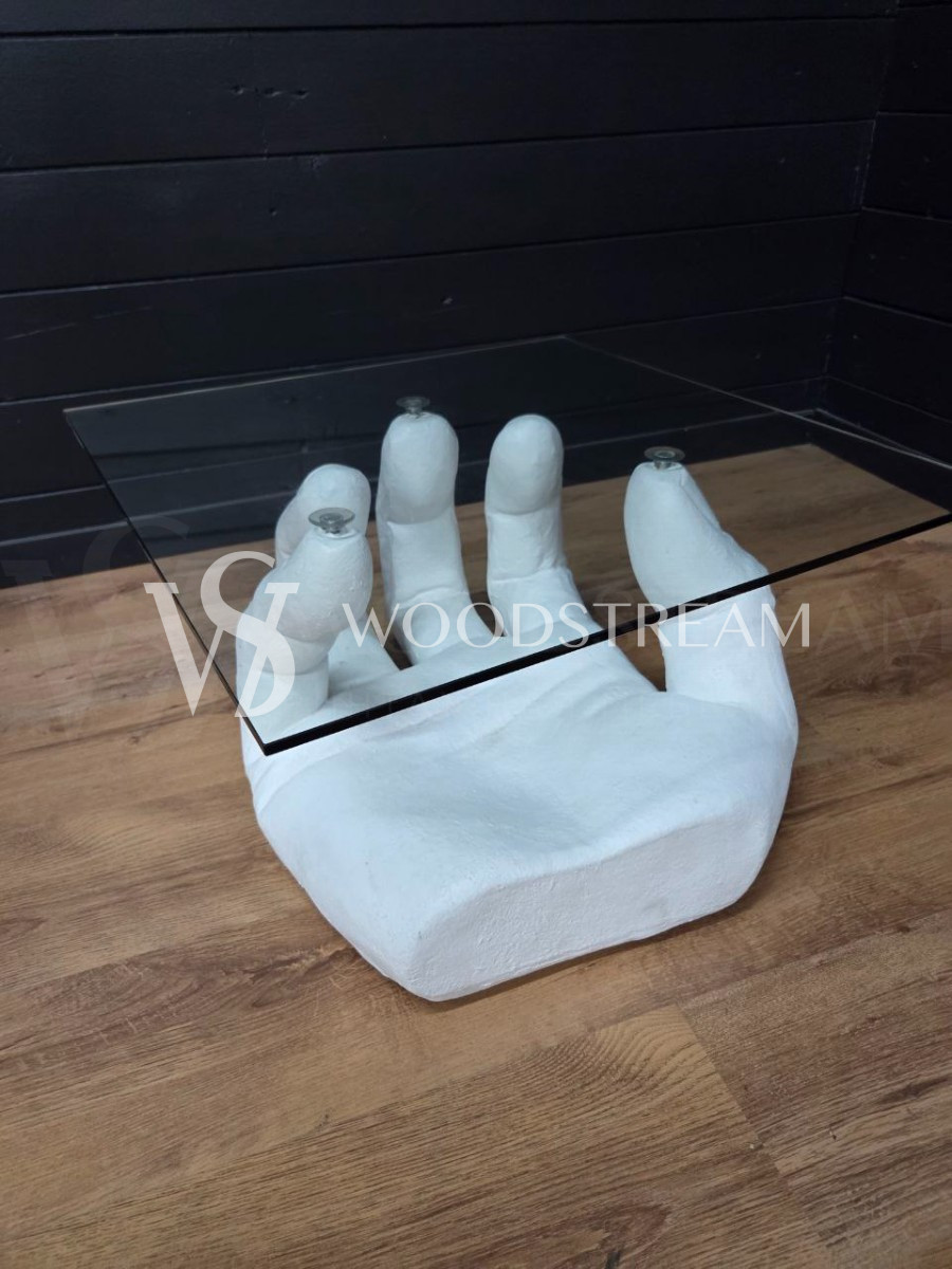 Стол со стеклянной столешницей и подстольем в форме руки/ладони