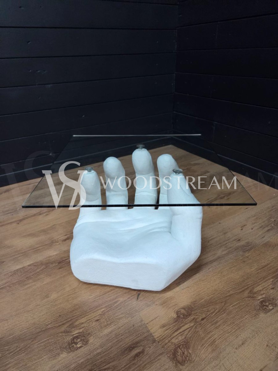 Стол со стеклянной столешницей и подстольем в форме руки/ладони