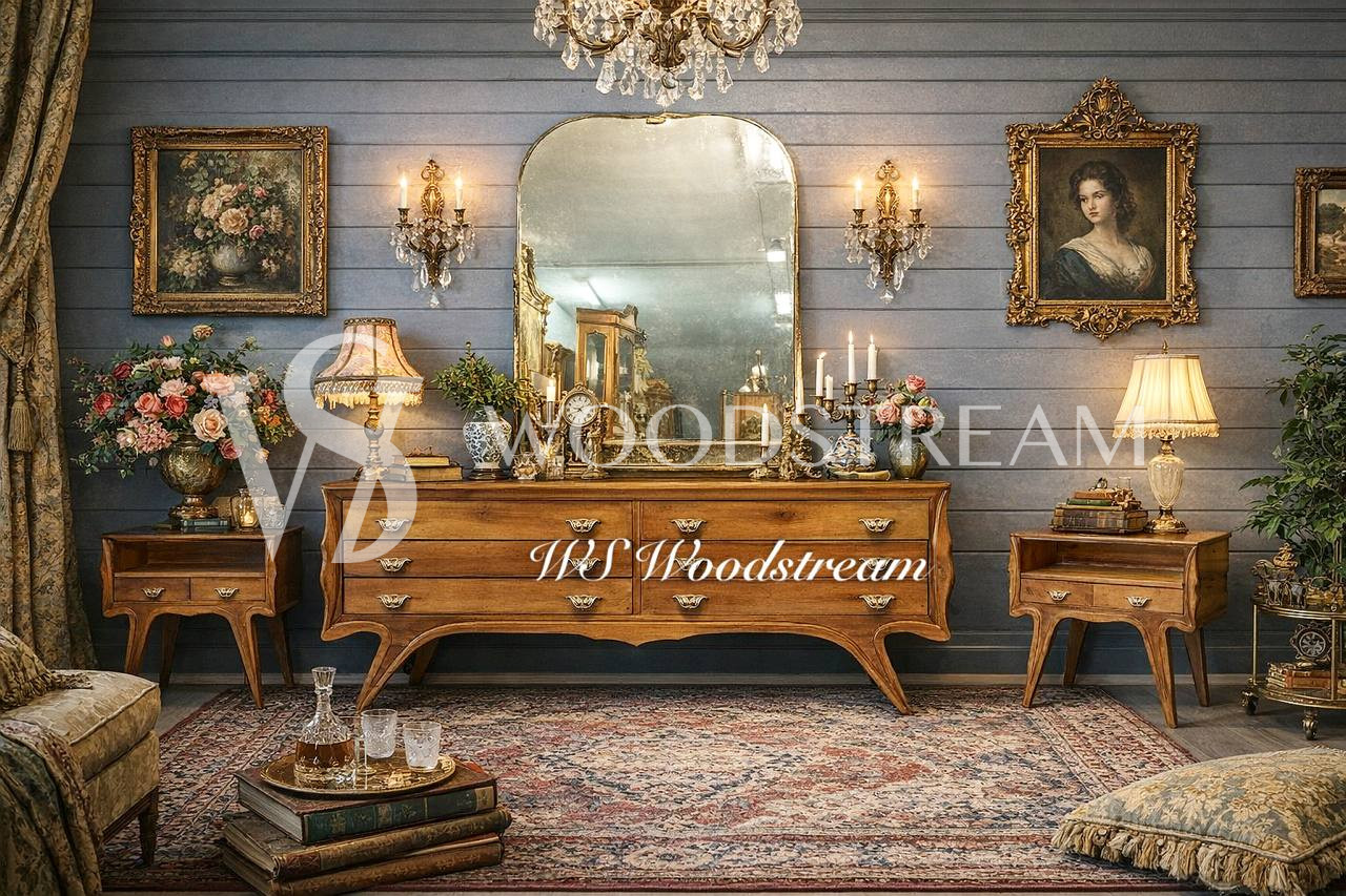 Комплект: Трюмо/Комод с зеркалом и тумба 2 штуки в стиле ретро