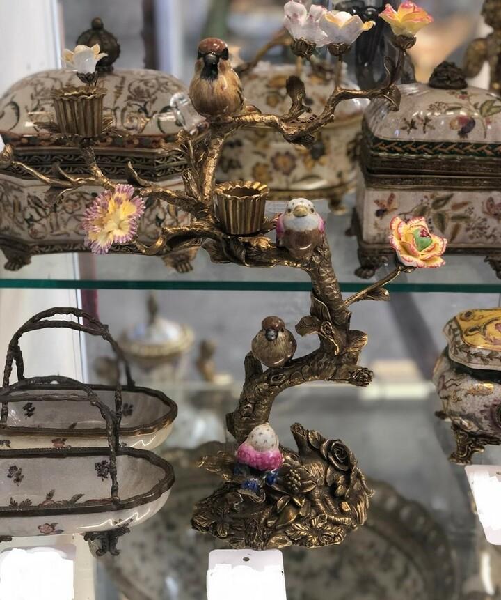 Подсвечник с птичками из бронзы и фарфора