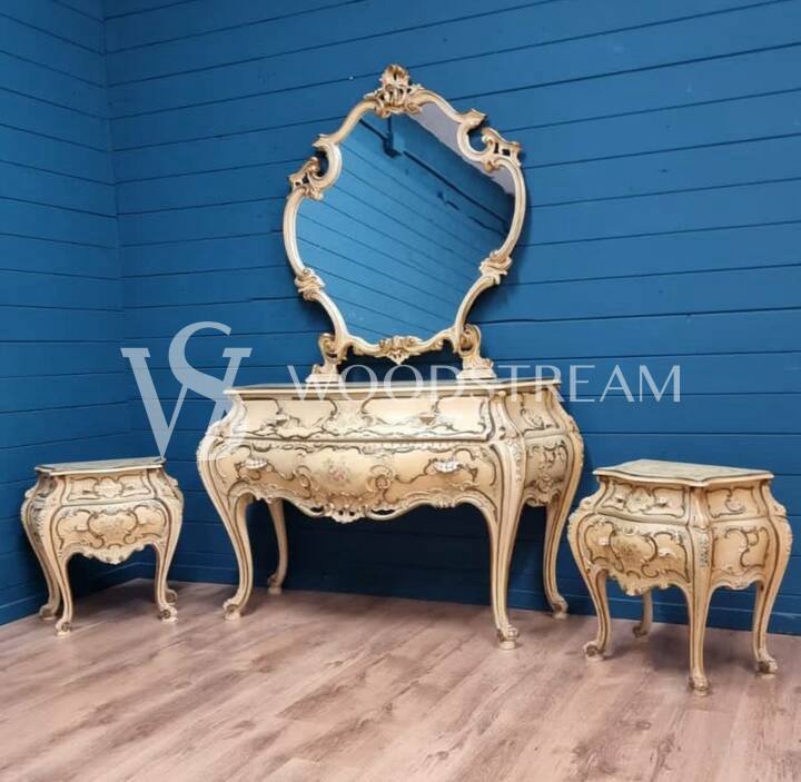 Комплект: Комод с зеркалом и тумба 2 штуки в стиле венецианского барокко